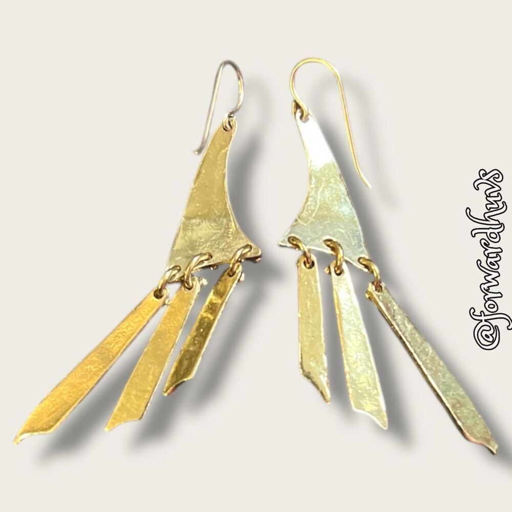 Gold-Tone Geometric Dangle Earrings – Hammered Finish – Abstract Modern - Picture 2 of 7